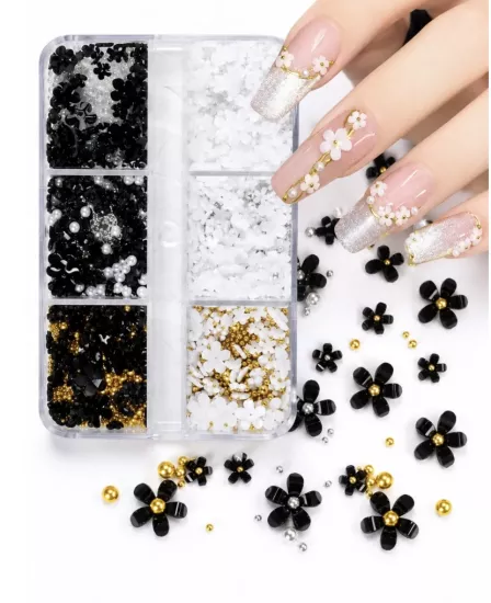 Tırnak Süsleme Black & White Çiçek Charm Seti